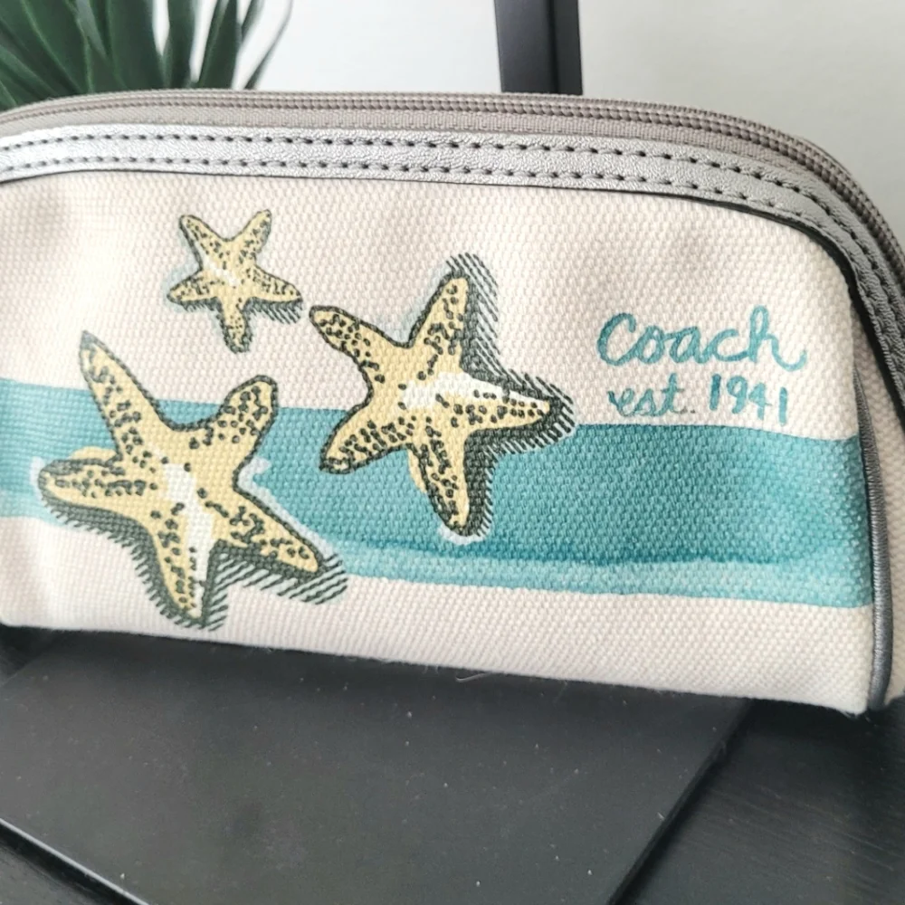 Coach Beige Canvas Cosmetic Pouch with Teal Stripe & Yellow Starfish